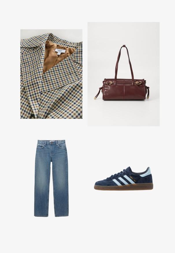 Kockás blézer világos bézs béléssel. A minta kék, barna és krém színű négyzeteiből áll, jellegzetes gallérral és gombos záródással.; Fehér, hosszú ujjú felső bordás anyagból, kerek nyakkivágással és hat áttetsző gombbal ellátott gombos elejével.; Világoskék farmernadrág egyenes szabással, öt zsebbel és réz színű fémrészekkel. Az anyag enyhén kopott hatású és sima tapintású.; Sötétkék velúr Adidas sneaker világoskék csíkokkal, gumitalppal, világoskék saroktabbal és arany "Spezial" márkázással az oldalon.; Burgundy színű bőr kézitáska, két vállpánttal, arany színű fémrészekkel és cipzáros záródással. Zökkenőmentes textúrával és diszkrét varrási részletekkel rendelkezik.