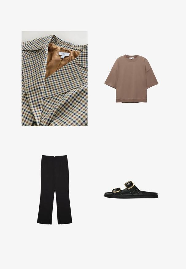 Blazer carreauté avec une doublure beige clair. Le motif se compose de carreaux bleus, bruns et crème, avec un col cranté et une fermeture à bouton.; T-shirt oversized marron, à manches courtes, col rond, fabriqué en coton doux, présentant un design simple et des coutures minimales.; Pantalon noir avec une coupe droite, doté de poches avant et d'éclairs sur l'ourlet. Fabriqué en tissu doux et lisse. Convient à diverses occasions.; Sandale noire à glissière avec deux accents de boucle en or, en matériau lisse, semelle plate et design minimaliste.
