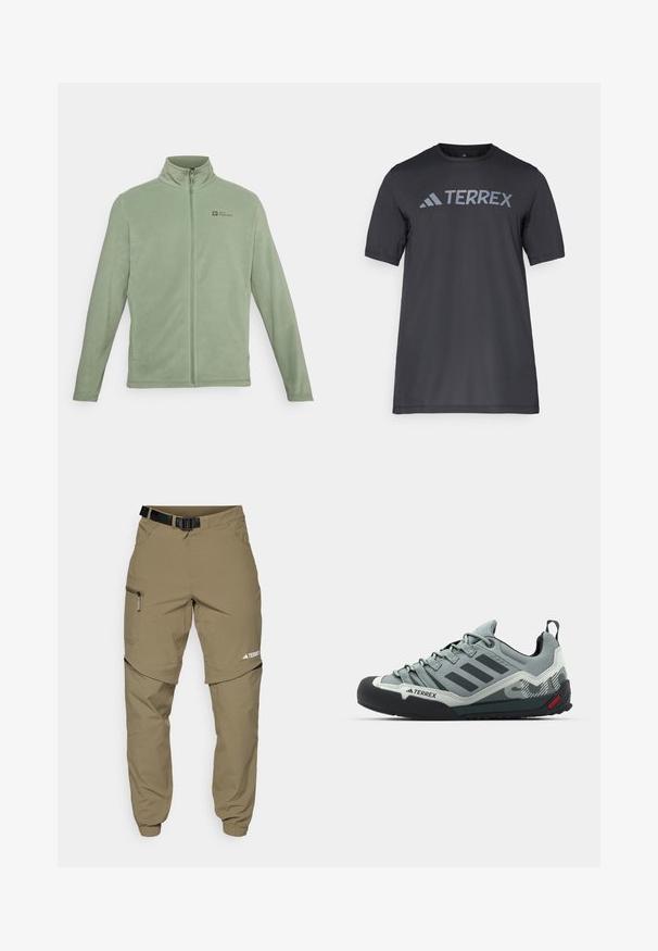 Šviesiai žalia fliso striukė, su aukštu apykakle, pilno ilgio užtrauktuku ir šoninėmis kišenėmis. Logotipas viršutinėje kairėje krūtinės pusėje.; Juodas trumpų rankovių marškinėliai iš lengvo audinio, su šviesiai pilku „TERREX“ logotipu krūtinėje ir apvaliu iškirpimu.; Kaki lauko kelnės su reguliuojamu juodu diržu, užtrauktukais užsegamomis kišenėmis, siaurėjančiais klešniais ir nuimamomis apatinėmis dalimis, skirtomis įvairiems stiliams.; Pilkos lipimo bateliai su tekstūruotu viršumi, juodu guminiu pirštu, trimis tamsiomis juostelėmis ir mažu raudonu akcentu ant padų.