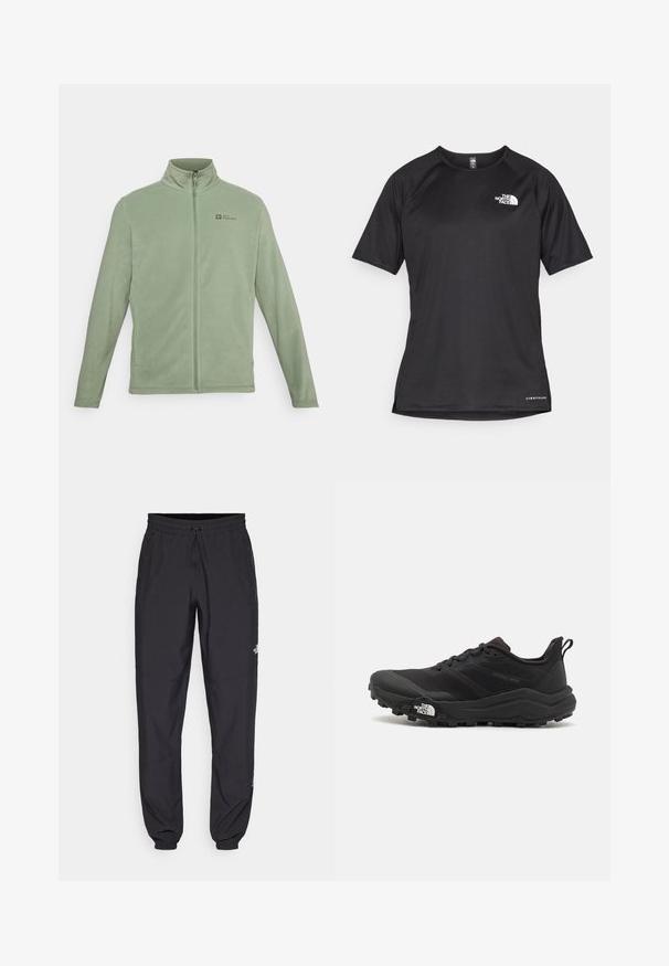 Fleeces jaka gaiši zaļā krāsā, ar augstu apkakli, pilna garuma rāvējslēdzēju un sānu kabatām. Logo kreisajā augšējā krūšu daļā.; Melna sporta krekla īsām piedurknēm ar strukturētu audumu, kas ir ar baltu logotipu kreisajā krūtīs un taisnu apakšmalu.; Melni sporta bikses, kas izgatavotas no viegla auduma, ar savelcamu jostu, sānu kabatām un sašaurinātiem apakšējiem galiem pie potītēm.; Melnas taku skriešanas kurpes ar teksturētu virsu, gumijas zoli un pastiprinātu pirkstu daļu. Aprīkotas ar mīkstu apkakli un vilkšanas cilpu, lai viegli uzvilktu.