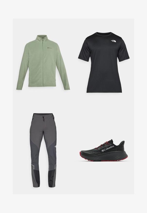 Giacca in fleece di colore verde chiaro, con colletto alto, zip a lunghezza totale e tasche laterali. Logo nella parte superiore sinistra del petto.; T-shirt nero a maniche corte realizzato in tessuto leggero e traspirante. Presenta un logo bianco sul lato sinistro del petto e un collo a giro.; Pantaloni da trekking grigi con design affusolato, molteplici tasche e accenti di contrasto grigio scuro e nero. Realizzati in un materiale flessibile e resistente.; Scarpa sportiva nera con tomaia testurizzata, lacci rossi e logo. Suola spessa con battistrada a righe per una buona aderenza. Design minimalista, vista laterale.