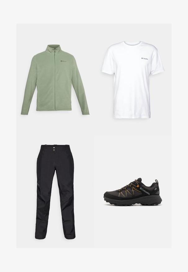 Fleeceová bunda ve světle zelené barvě, s vysokým límcem, plně zapínací na zip a postranními kapsami. Logo na horní levé části hrudi.; Bílá bavlněná tričko s krátkými rukávy, kulatým výstřihem a malým černým logem Columbia na levém hrudi. Měkký, obyčejný design.; Černé voděodolné kalhoty s hladkým povrchem, vybavené dvěma předními knoflíky a zužujícím se střihem nohavic. Ozdobené logem na boku.; Černá turistická obuv s prodyšnou síťovinou, žlutými akcenty, silnou gumovou podešví a texturovanými detaily. Obsahuje vyztuženou špici a tkaničky.