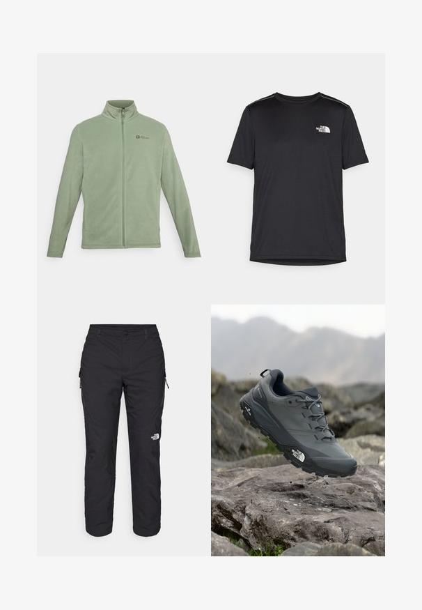 Soehkrõiv helesinises rohelises värvuses, millel on kõrge krae, täispikk tõmblukk ja küljetaskud. Logo ülemisel vasakul rindkere alal.; Must mustaöödiga must T-särk, mis on valmistatud kerge riidekanga. Esiküljel on vasakul rinnal väike valge logo ning õlgadel on peened aktsendid.; The North Face WINTER EXPLORATION TAPERED CARGO - Õuepüksid - black; Hallhalli jooksukingad halli värvi, tekstureeritud ülemise osaga, vastupidava kummist tallaga ja tugevdatud varvaste kattega. Omab paelu ja kaubamärgi logo küljel.