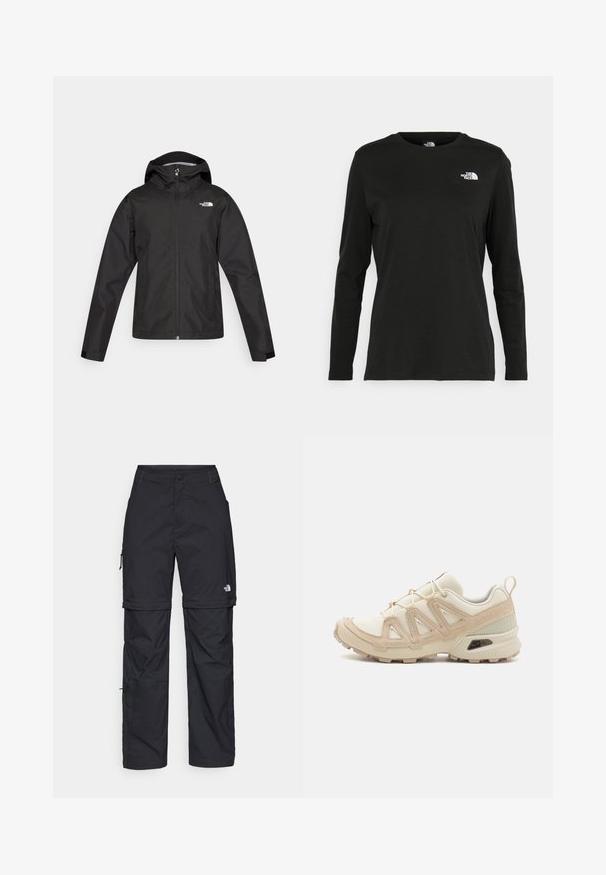 The North Face WHITON JACKET - Jachetă hardshell - black; Iarna neagră cu mânecă lungă, din bumbac, cu guler rotund. Prezintă un mic logo alb în zona pieptului stâng. Design simplu și croi lejer.; Pantaloni cargo din nylon negru, cu fermoar detașabil, manșete ajustabile, multiple buzunare și un logo pe piciorul drept. Textură netedă și ușoară.; Pantofii sport bej și crem au un superior din plasă texturată, suprapuneri de susținere și o talpă din cauciuc cu un model de profil pentru aderență.