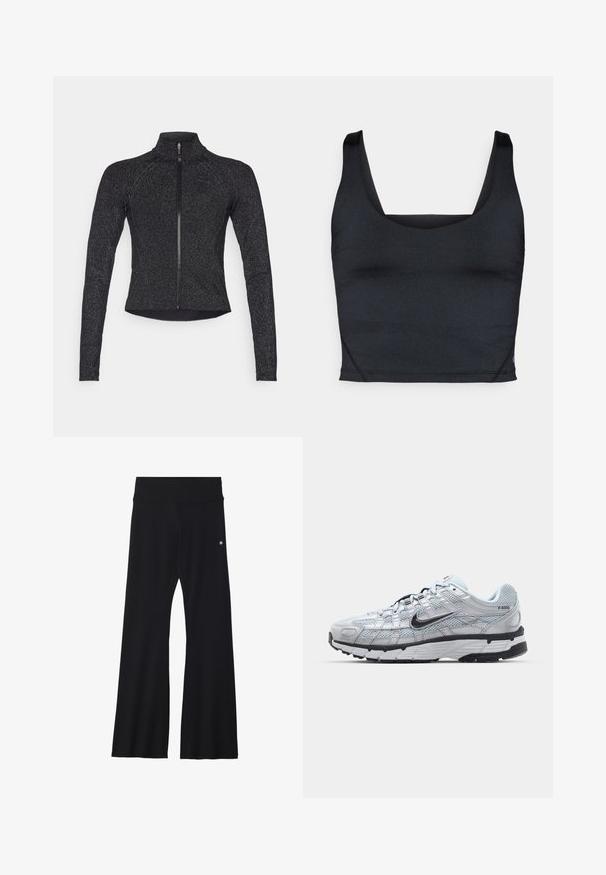 Svart sportsjakke med lange ermer, halv glidelås foran, strukturert stoff og subtil metallisk glans. Har en tettsittende design og høy krage.; Svart cropped tanktopp med glatt, elastisk stoff, brede skulderstropper og en firkantet utringning med minimale sømdetaljer.; Sorte, flagrende yogabukser i elastisk materiale, med bred linning og en liten logo nær hoften. Glatt tekstur, uten mønstre.; Nike P-6000 sneakers med en lys grå mesh-overdel, sorte detaljer og en slitesterk svart gummisåle. Har et intrikat design og snøresystem.