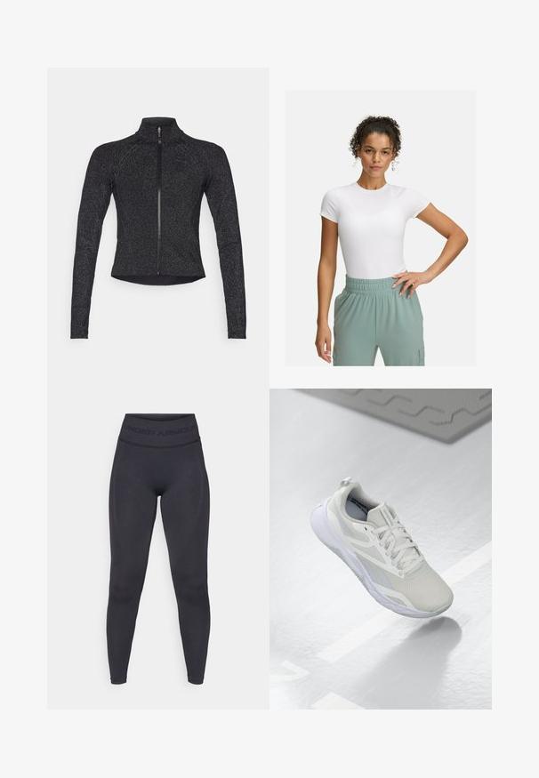 Czarna sportowa kurtka z długimi rękawami, pół-zamkiem z przodu, teksturowanym materiałem i subtelnym metalicznym połyskiem. Posiada dopasowany krój i wysoki kołnierz.; Biała dopasowana koszulka z krótkimi rękawami, w połączeniu z jasnzielonymi spodniami na elastycznym pasie. Gładka tekstura, minimalistyczny design i brak widocznych wzorów.; Czarne legginsy z wysokim elastycznym pasem z napisem "UNDER ARMOUR". Gładka tekstura z subtelnymi wzorami wzdłuż nóg.; Białe buty sportowe z siateczkową cholewką, wyściełanym językiem i białą gumową podeszwą. Wyróżniające się akcenty to jasnoszare detale i pętelka do zakupu.
