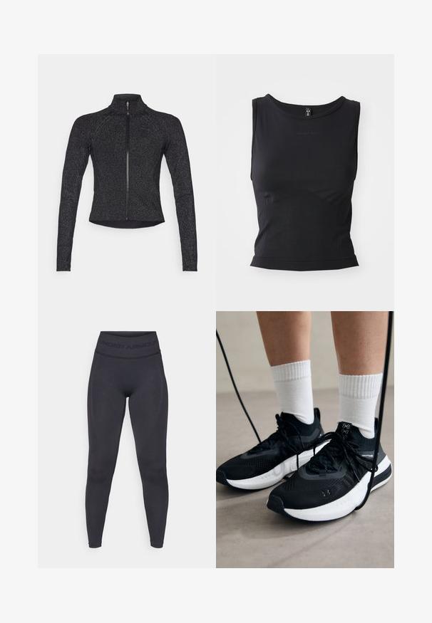 Czarna sportowa kurtka z długimi rękawami, pół-zamkiem z przodu, teksturowanym materiałem i subtelnym metalicznym połyskiem. Posiada dopasowany krój i wysoki kołnierz.; Czarny bezrękawnik sportowy wykonany z gładkiego materiału, z okrągłym dekoltem i dopasowaną sylwetką, z subtelnym detalem logo.; Czarne legginsy z wysokim elastycznym pasem z napisem "UNDER ARMOUR". Gładka tekstura z subtelnymi wzorami wzdłuż nóg.; Czarne buty sportowe z teksturowanym materiałem, białą podeszwą i czarnymi sznurowadłami. Nosi je osoba w białych skarpetkach w prążki, stojąca na jasnej powierzchni.