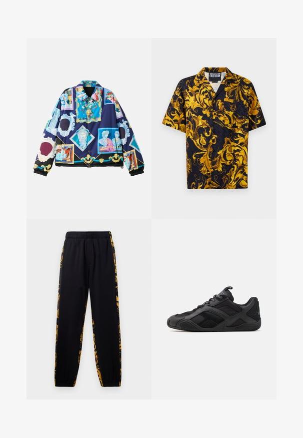 Gepolsterte Jacke mit einem lebendigen, komplexen grafikdesign, das klassische Kunstmotive auf einem dunkelblauen Hintergrund zeigt. Schwarze elastische Bündchen und Saum.; Schwarze kurzärmlige Button-Up-Hemd mit gelben und goldenen barocken Blumenmustern und einer Brusttasche, innen am Kragen mit Versace Jeans Couture beschriftet.; Schwarze Jogginghose mit elastischem Bund und Bündchen, verziert mit goldenen und schwarzen Blumenmustern an den Seiten.; Schwarze Sportschuhe aus einer Mischung aus glatten und strukturierten Materialien, mit einem markanten Design, geformter Sohle und auffälligen Markenkennzeichnungen.