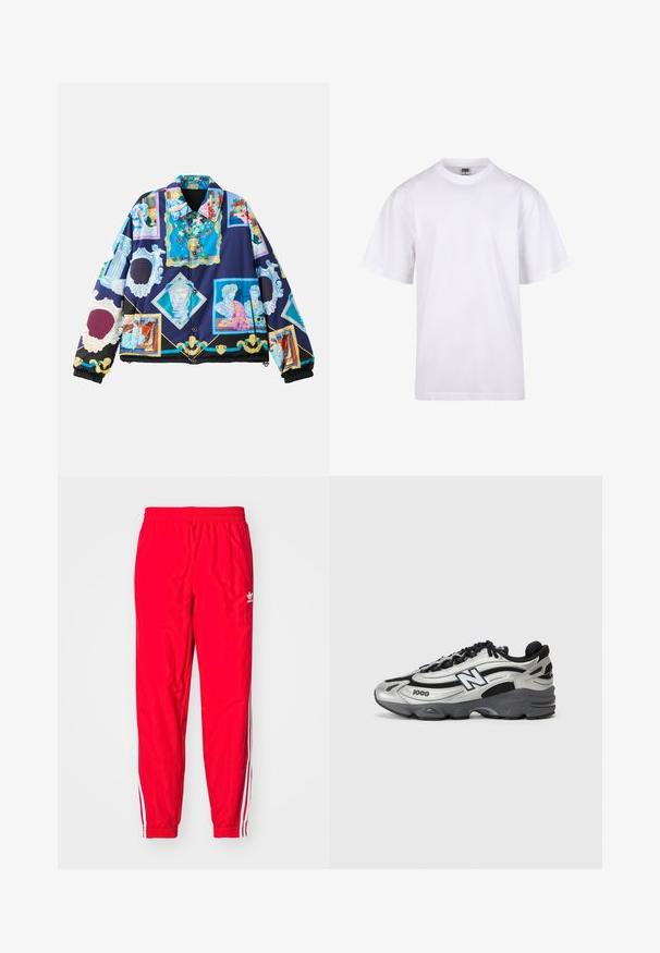 Paketas švarkas su ryškiu, sudėtingu grafiniu dizainu, kuriame yra klasikinės meno motyvai ant tamsiai mėlyno fono. Juodi elastingi rankogaliai ir apatinė dalis.; Balta medvilnės marškinėliai su apvaliu iškirpimu, trumpomis rankovėmis ir laisvu siluetu. Turi paprastą dizainą be raštų ar akcentų.; Raudoni sportiniai džinsai su elastine juosta, baltais dryžiais šoninėse dalyse ir mažuoju baltu logotipu kairiajame šlaunyje.; Sidabrinės ir juodos sportinės bateliai su tinkliniu viršumi, paminkštintu padu, raištelių užsegimu ir šoniniu logotipu.