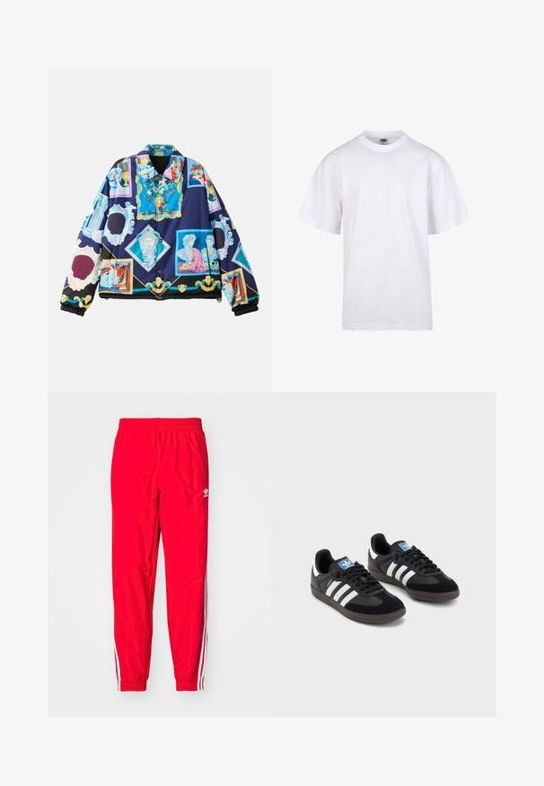 Padded jacket with a vibrant, intricate graphic design featuring classical art motifs on a dark blue background. Black elastic cuffs and hem.; White cotton t-shirt with a crew neckline, short sleeves, and a relaxed fit. Features plain design without patterns or accents.; Red athletic pants with an elastic waistband, white striped accents along the sides, and a small white logo on the left thigh.; Black sneakers with a suede and synthetic upper, featuring three white stripes, textured rubber sole, and blue logo tag on the tongue.