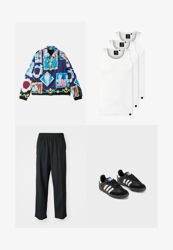 Vuorattu takki, jossa on eloisa ja monimutkainen graafinen muotoilu, joka esittää klassisia taidemotiiveja tummansinisellä taustalla. Mustat joustavat hihansuut ja helma.; Kolme valkoista ribbitekstiilistä toppia, jotka on valmistettu puuvillasta. Ominaisuuksiin kuuluu pyöreä pääntie ja pieni musta etiketti helman lähellä. Saatavilla useissa kooissa.; Mustat urheiluhaalarit, joissa on joustava vyötärö, valmistettu sileästä kankaasta, hienovaraisilla sivusaumalla ja rento istuvuus, suora lahjetyyppi.; Mustat lenkkarit, joissa on mokkanahka- ja synteettinen päällinen, kolmella valkoisella raidalla, tekstuurilla varustettu kumipohja ja sininen logo-etiketti kielellä.