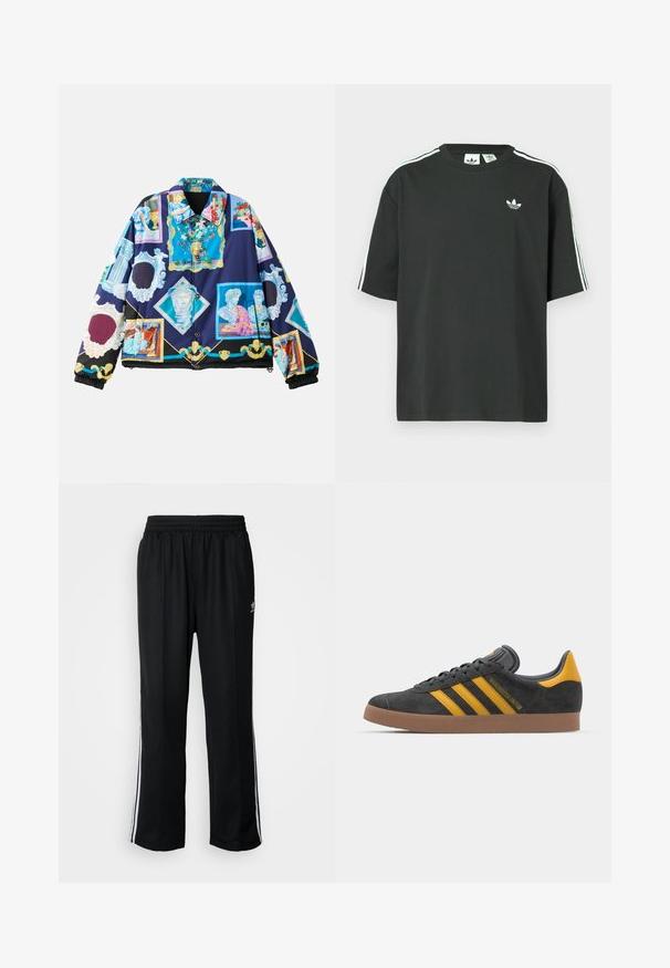 Veste rembourrée avec un design graphique vibrant et complexe mettant en avant des motifs d'art classique sur fond bleu foncé. Manches et ourlet en élasthanne noir.; T-shirt en coton noir à manches courtes, col rond, avec un détail blanc à trois bandes sur les épaules. Présente un petit logo blanc sur la poitrine.; Pantalons de sport noirs avec une taille élastique, ornés de rayures blanches sur les côtés et d'un petit logo. Le matériau semble doux et léger.; Baskets en suede noir avec des accents jaunes, présentant trois rayures et une semelle en caoutchouc marron. Comprend une languette rembourrée pour le confort.