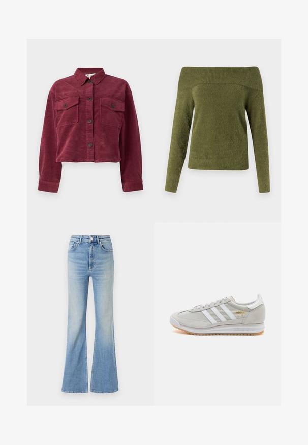 Burgundi värvi sametist lühike jakk, millel on krae, kaks esist pocket, ja nööbilmine. Omab tekstureeritud kangast ja pikki varrukaid.; Olive roheline, külje pealt avatud, pikakä sleeveswiiter, mis on valmistatud pehmest, tekstureeritud kangast, millel on soonikkoes kaelus ja sile keha.; Heledad sinine flared teksapüksid, millel on kõrge vöökoht, viie tasku disain ja peen gradiseeruv hägusus alates hemist.; Heled hallid tossud, mis on valmistatud nubukist ja võrgust, millel on kolm valget triipu, ümmargune varvas ja kummist tald. Kuldne logoelement paelte lähedal.