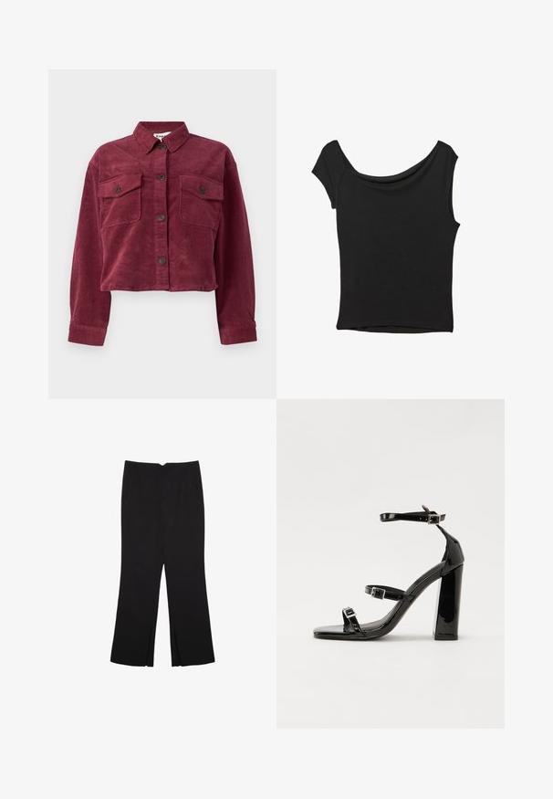Burgundska kordna prtljažna jakna s ovratnikom, dvema sprednjima žepoma in gumbom za zapiranje. Ima teksturirano tkanino in dolge rokave.; Črna kratka majica s kratkimi rokavi iz gladkega blaga; ima drapiran izrez in asimetrično spodnjo rob, s prilegnjenim telesom.; Črne hlače ravnega kroja z naglavnimi žepi in stranskimi razporki na robu. Narejene iz mehke, gladke tkanine. Primerne za različne priložnosti.; Črne lakirane sandale s peto, kvadratnim prstom, trakovi okrog gležnja in srebrnimi zaponkami. Opremljene so s stabilno Debelo peto.