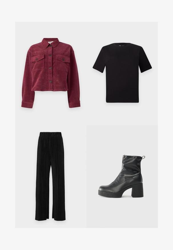 Burgundský kordový skrátený kabát s golierom, dvoma prednými vreckami a gombíkovým zapínaním. Obsahuje textúrovanú tkaninu a dlhé rukávy.; Čierne tričko s krátkym rukávom a okrúhlym výstrihom, vyrobené z mäkkej bavlny. Jednoduchý dizajn, bez viditeľných log alebo vzorov.; Čierne plisované nohavice s elastickým pásom. Majú široké nohavice a hladkú, textúrovanú látku s vertikálnymi pruhmi.; Čierne členkové topánky z hladkej kože, so bočným zipsom, robustnou textúrovanou pätnou časťou a zaobleným dizajnom špičky.