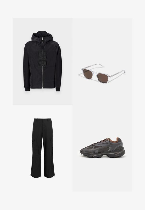 Sort jakke lavet af letvægtsstof, der har lynlås foran, justerbar hætte og struktureret design med kontrasterende panel på brystet.; Sort turtleneck sweater lavet af et blødt strikmateriale. Har lange ærmer, ribbet krave og kant. Enkel, slank design uden mønstre.; Sorte cargo bukser lavet af letvægtsstof, med en afslappet pasform, to store sidelommer og en knaplukning.; Lacoste sneakers i mørkegrå med mesh og syntetisk materiale, udstyret med en tekstureret sål og brune accenter på kraven og brandingen.; Klare plastik solbriller med rektangulære brune linser, med tynde, transparente stænger og metal accenter på templerne.