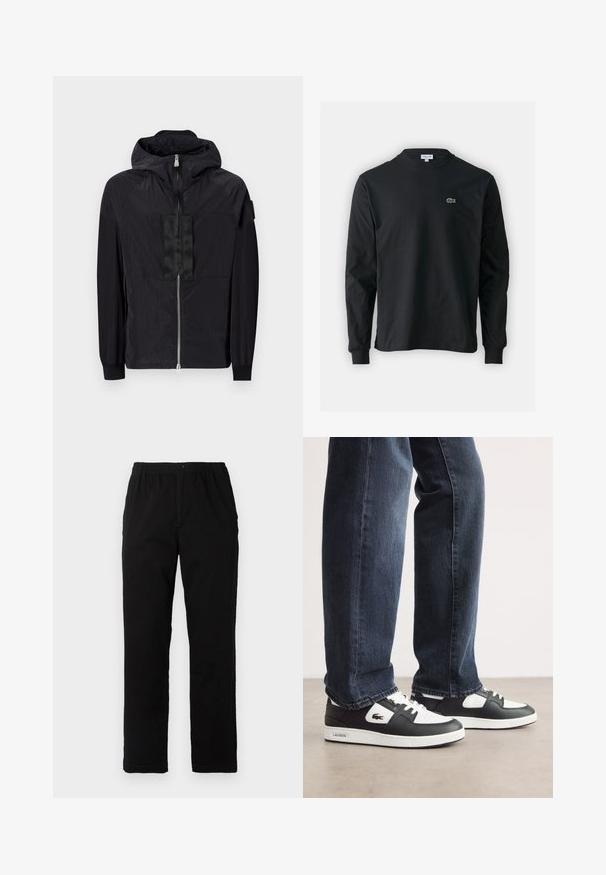 Crna jakna napravljena od lagane tkanine ima zip zatvaranje sprijeda, podesivu kapuljaču i teksturirani dizajn s kontrastnim panelom na prsima.; Crna majica dugih rukava od pamuka, s okruglim izrezom i malim zelenim izvezenim logotipom krokodila s lijeve strane prsnog dijela.; Crne hlače od pamuka s dodatkom, ravnog kroja, s elastičnim pojasom i dugmetom, bez vidljivih uzoraka ili ukrasa.; Crno-bijele Lacoste tenisice s teksturiranim kožnim gornjim dijelom, s vezanjem i bijelim gumiranim potplatom. Nosi se s tamnim trapericama.