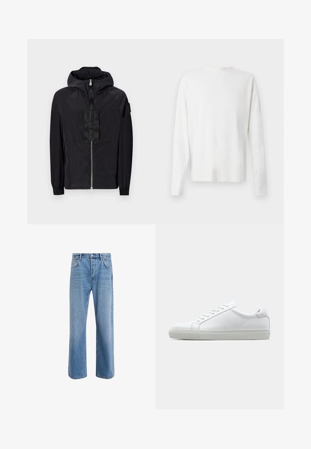 Zwarte jas gemaakt van lichtgewicht stof, met een ritssluiting aan de voorkant, verstelbare capuchon en een textuurdesign met een contrasterend paneel op de borst.; Witte katoenen blouse met lange mouwen en een ronde halslijn, met zijsplitten aan de onderkant en een gladde textuur, vanuit de achterkant weergegeven.; Lichtblauwe denim jeans met een straight-leg ontwerp, vijf zakken, knoopsluiting, minimale vervaging en contrasterende stikseldetails.; Witte sneaker met een gladlederen bovenwerk en een laag profiel. Voorzien van een ronde neus, zes vetergaatjes en een gestructureerde rubberen zool.