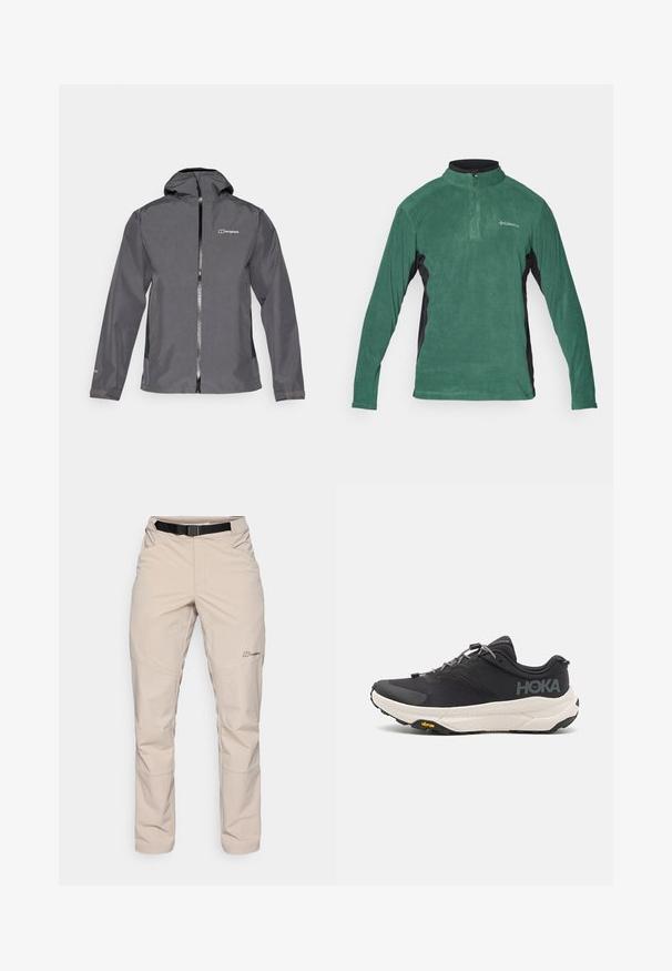 Pelēks ūdensnecaurlaidīgs mētelis ar rāvējslēdzēju priekšā, regulējamu kapuci un elastīgām aprocēm. Ieskaitītas ir logotipa zīme kreisajā augšējā krūšu daļā un gluda tekstūra.; Zaļš vilnas džemperis ar ceturtdaļas rāvējslēdzēju, melni sānu paneļi un garas piedurknes. Piedāvā gludu tekstūru un mazu logotipu uz krūšu daļas.; Bēšas āra bikses ar melnu jostu, ar rāvējslēdzēja kabatām un taisna griezuma dizainu. Izgatavotas no viegla, ūdensizturīga auduma.; Melna sporta kurpe ar teksturētu virsu, pelēkiem akcentiem, atstarojošiem elementiem un biezu baltu zoli, kas rotāta ar Vibram zīmolu.