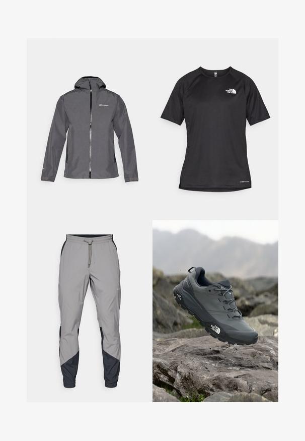 Casaco impermeável cinza com fecho zip, capuz ajustável e punhos elásticos. Apresenta um logótipo no lado superior esquerdo do peito e uma textura suave.; Camisa atlética preta de manga curta com um tecido texturizado, apresentando um logotipo branco no peito esquerdo e uma bainha reta.; Calças de treino leves e cinzentas com detalhes pretos. Cintura elástica, fecho com cordão, design de perna afunilada e bolsos laterais.; Sapatilha de corrida em trilhos cinza com um cabedal texturizado, sola de borracha durável e ponteira reforçada. Apresenta atacadores e o logótipo da marca de lado.