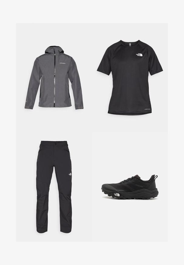 Casaco impermeável cinza com fecho zip, capuz ajustável e punhos elásticos. Apresenta um logótipo no lado superior esquerdo do peito e uma textura suave.; Camisa atlética preta de manga curta com um tecido texturizado, apresentando um logotipo branco no peito esquerdo e uma bainha reta.; Calças de exterior pretas com um bolso frontal com fecho éclair, material sintético, pernas ajustadas e painéis de joelho reforçados. Apresenta um fecho de botão.; Sapatilha de trail running preta com um upper texturizado, sola de borracha e biqueira reforçada. Possui um colarinho acolchoado e uma alça para facilitar o calçar.
