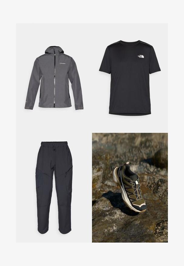 Pilkas nepralaidus vandeniui švarkas su užtrauktuku, reguliuojama kapišonu ir elastingomis rankogaliais. Viršutinėje kairėje krūtinės pusėje yra logotipas ir lygus paviršius.; Juodas trumpas rankovės marškinėliai, pagaminti iš lengvos medžiagos. Yra mažas baltas logotipas kairiajame krūtinės pusėje ir subtilūs pečių akcentai.; Juodos krovinių kelnės, pagamintos iš lengvos, vandeniui atsparios medžiagos; turi elastingą juosmenį, kelis užtrauktukais uždaromus kišenes ir siaurėjančius šonus.; Žygio batai olivų žalios ir juodos spalvos su rožiniais akcentais. Turi tekstūruotą viršutinę dalį, lankstų pado tipą, sustiprintą pirštų dalį ir spalvingą raištelių sistemą.