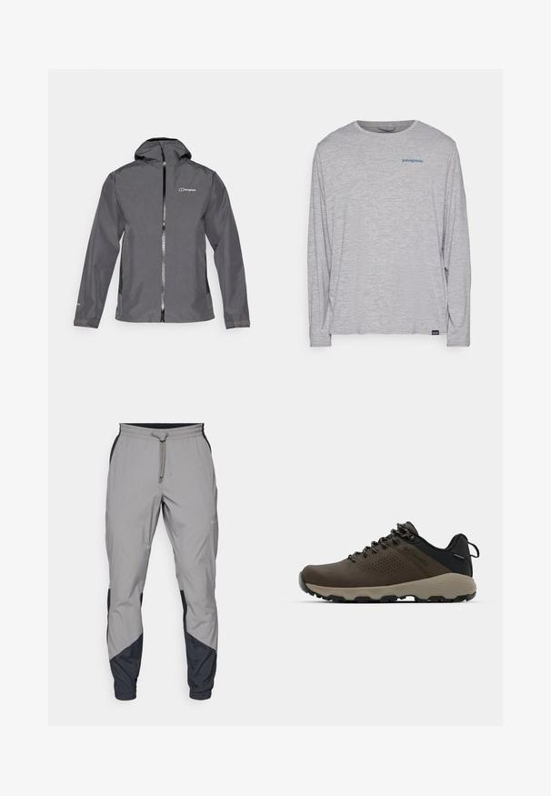 Casaco impermeável cinza com fecho zip, capuz ajustável e punhos elásticos. Apresenta um logótipo no lado superior esquerdo do peito e uma textura suave.; T-shirt de mangas longas cinza claro, feito de um tecido suave e texturizado. Apresenta um decote redondo e um pequeno logotipo azul da Patagonia no peito.; Calças de treino leves e cinzentas com detalhes pretos. Cintura elástica, fecho com cordão, design de perna afunilada e bolsos laterais.; Ténis impermeáveis castanhos com um upper texturizado, detalhes perfurados, apoio para o calcanhar preto e uma sola de borracha cinza. Os atacadores têm extremidades metálicas.