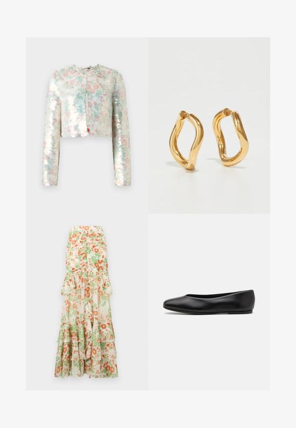 Giubbotto corto con maniche lunghe, caratterizzato da un motivo floreale in colori pastello e paillettes luccicanti. Collo rotondo, dettaglio di chiusura frontale.; Camicia bianca a maniche lunghe realizzata in tessuto leggero. Presenta un colletto classico, due tasche sul petto e un orlo posteriore leggermente più lungo.; Gonna lunga floreale con sfondo crema, motivo di fiori arancioni e verdi, strati arricciati e design a vita aderente.; Paul Smith TOPANGA - Ballerine - black; Orecchini a cerchio color oro con una forma curva e irregolare e una superficie liscia e lucida. Nessun hardware o accenti visibili.