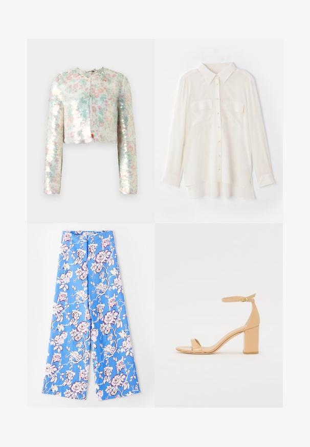 Rövidített kabát hosszú ujjal, pasztell színű virágmintával és csillogó flitterekkel. Kerek nyak, elülső záródás részlete.; Könnyű anyagból készült fehér gombos ing. Klasszikus gallérral, két mellzsebbel, és enyhén hosszabb hátsó szegéllyel rendelkezik.; Kék virágmintás nadrág, amely pasztell rózsamintával van díszítve. Az anyag sima, laza szabású, széles lábú, és rugalmas derékpánttal rendelkezik.; Nude színű, patent bőrből készült, négyzetes orrú magassarkú szandál, bokapánttal és vastag blokksarkú talppal. Sima textúra és minimális dizájn részletek.