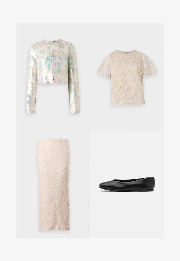 Korte jas met lange mouwen, voorzien van een bloemmotief in pastelkleuren en glinsterende pailletten. Ronde hals, detail van sluiting aan de voorkant.; Beige blouse met bloem borduursels, doorschijnende pofmouwen, ronde halslijn en rits op de rug. Getextureerd bloemmotief op het voorpaneel.; Crème kokerrok van kant met bloemen appliqués. Het ontwerp is getailleerd, met een soepele textuur en gedetailleerde versieringen.; Paul Smith TOPANGA - Ballerina's - black