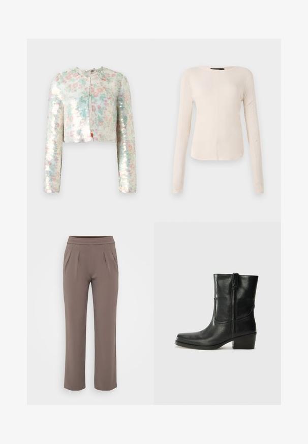 Rövidített kabát hosszú ujjal, pasztell színű virágmintával és csillogó flitterekkel. Kerek nyak, elülső záródás részlete.; Hosszú ujjú, világos bézs blúz kerek nyakkivágással. Puha anyagból készült, középső varrással és enyhén ívelt szegéllyel rendelkezik. Nincs rajta látható fémrész.; Taupe színű, lazán szabott nadrág, gumis derékkal és elülső pliszírozással, sima anyagból készült.; Fekete bőr bokacsizma lekerekített orral, blokk sarkúval, oldalsó cipzárral és varrásos díszítéssel az elején. Simább textúra, klasszikus dizájn.