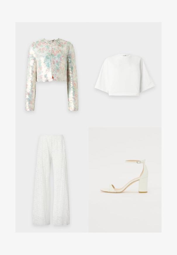 Jachetă scurtă cu mâneci lungi, cu un model floral în culori pastelate și paiete strălucitoare. Guler rotund, detaliu de închidere frontală.; Tricou alb scurt, cu croială lejeră, mâneci scurte și lățite, de gât rotund și crăpături laterale, realizat din material de bumbac moale.; Pantaloni albi cu croi larg, prevăzuți cu un brâu elastic, având un model texturat din dantelă florală pe întreaga suprafață a materialului.; Sandal din piele albă cu toc bloc, având o curea la glezna cu cataramă și un design minimalist. Vârf deschis și texturi netede pe întreaga suprafață.