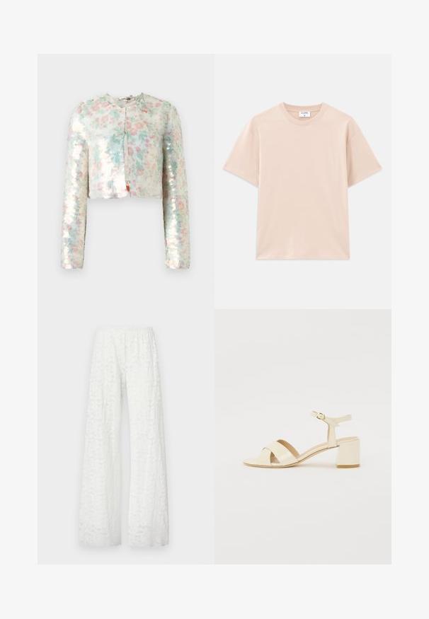 Giubbotto corto con maniche lunghe, caratterizzato da un motivo floreale in colori pastello e paillettes luccicanti. Collo rotondo, dettaglio di chiusura frontale.; T-shirt a maniche corte di colore beige chiaro, realizzato in morbido cotone. Collo rotondo, vestibilità comoda, con orlo dritto e senza motivi o grafiche.; Pantaloni bianchi a gamba larga con un elastico in vita, che presentano un motivo in pizzo floreale testurizzato su tutto il tessuto.; Sandali con tacco in pelle verniciata beige, design con cinturino incrociato, punta aperta, cinturino alla caviglia regolabile e tacco a blocco. Texture liscia.