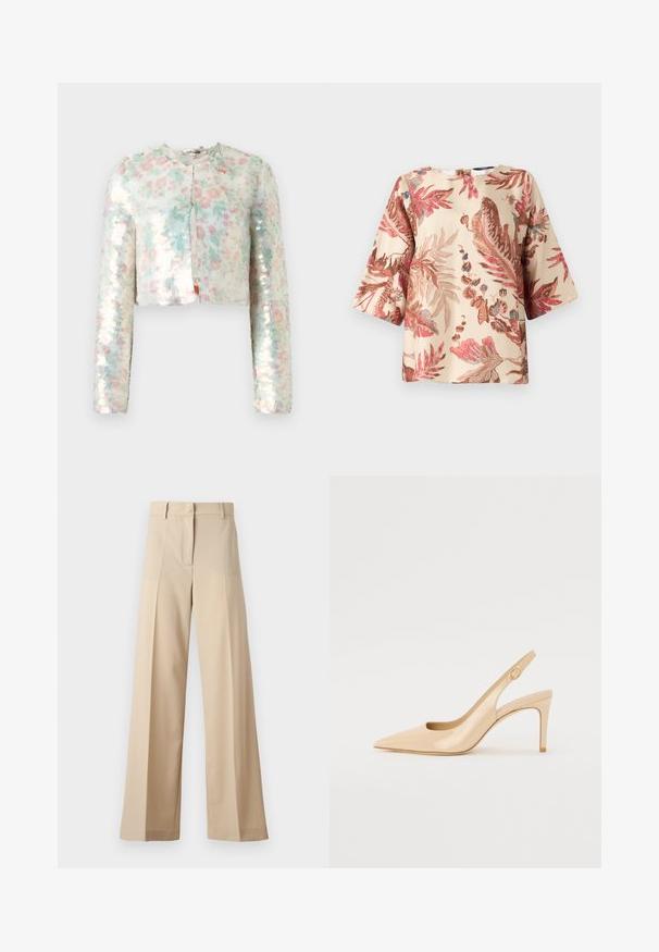 Krátka bunda s dlhými rukávmi, s kvetinovým vzorom v pastelových farbách a trblietavými flitrami. Kolo výstrih, detail predného zapínania.; Blúzka s kvetinovým vzorom v svetlej béžovej farbe, so vzormi ružových a hnedých listov, krátkymi rukávmi a okrúhlym výstrihom so zadným zapínaním.; Béžové široké nohavice vyrobené z hladkej tkaniny, s plochým predným dielom s skladmi, zipsom a pútkami na opasok. Celkový strih je upravený.; Nude patent leather slingback topánky na vysokom podpätku s špicatou špičkou, otvorenou špičkou a tenkým stiletto podpätkom. Obsahuje kruhový zlatý akcent na popruhu.