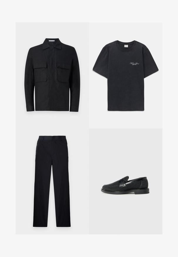 Zwarte linnen button-up jack met een kraag, twee voorzakken en een minimalistisch ontwerp. Heeft een subtiel logo op de linkerzak.; Zwarte korte mouwen crew neck t-shirt met klein wit "Filling Pieces" tekstlogo op de linkerborst.; Zwarte broek van een lichtgewicht, gestructureerde stof, met een recht model, elastische Tailleband en zijzakken met rits.; Zwartegeweven instap schoenen met een glad leren accent aan de bovenkant, een ronde neusontwerp en een laag profiel rubberen zool.