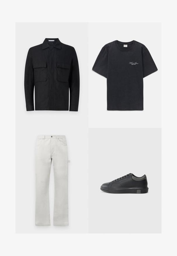 Sort linneknappjakke med krage, to frontlommer og minimalistisk design. Har en subtil logo på venstre lomme.; Svart kortermet t-skjorte med rund hals og liten hvit "Filling Pieces" tekstlogo på venstre bryst.; Lys grå bukser med rett fit, laget av glattet bomullsstoff, med frontlommer og en sidetaskelomme.; Sorte lærersneakers med en glat finish, rund tå og mørkegrå detaljer. Har snørebånd og en struktureret gummisål.