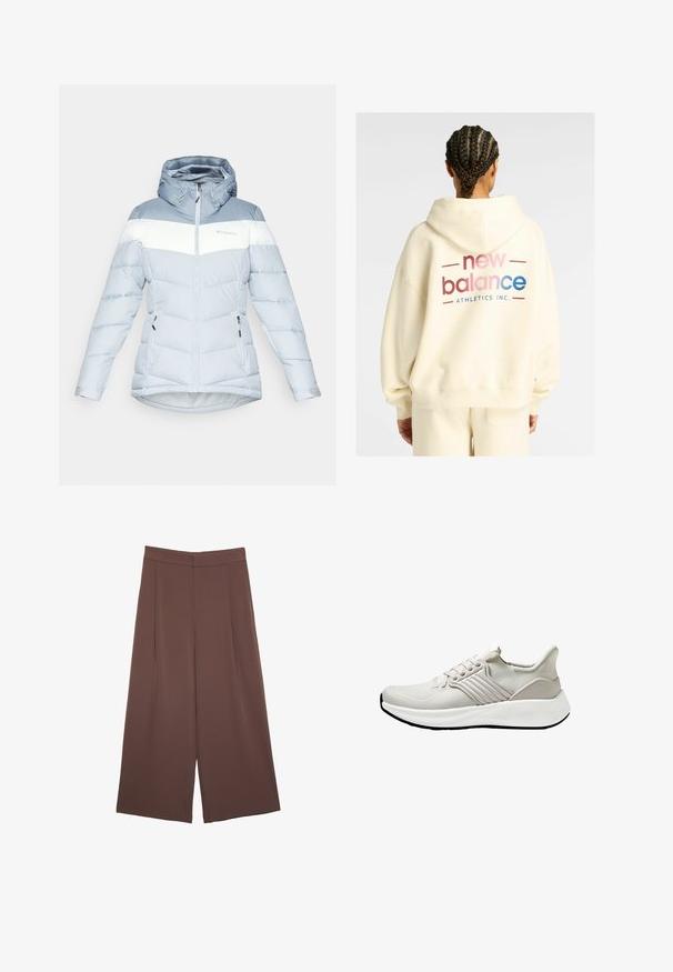 Giacca puffy blu chiaro con una striscia orizzontale bianca, cappuccio regolabile, tasche con zip e design strutturato a trapunta.; Felpa color crema con cappuccio, caratterizzata da un grande logo "new balance" multicolore sulla schiena, con una vestibilità rilassata e una texture morbida.; Pantaloni ampi marroni con una texture liscia, caratterizzati da una vita alta e pieghe frontali. Il tessuto è leggero e scorre liberamente.; Scarpa sportiva leggera in materiale mesh beige con una finitura testurizzata, dotata di una suola bianca e accenti laterali tonali. Design semplice con lacci.