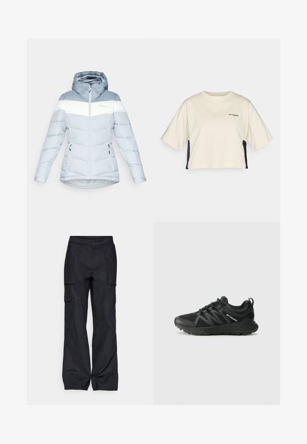 Svijetloplava pufasta jakna s bijelom vodoravnom prugom, podesivim kapuljačom, zatvorenim džepovima i teksturiranim, kviltanim dizajnom.; Kremasta skraćena majica s okruglim izrezom, kratkim rukavima i crnim bočnim panelima; ima mali crni logo na prsima.; Columbia BREA FALLS™ COTTON RIPSTOP PANT - Hlače za otvoreno - black; Columbia PEAKFREAK - Obuća za pješačenje - black