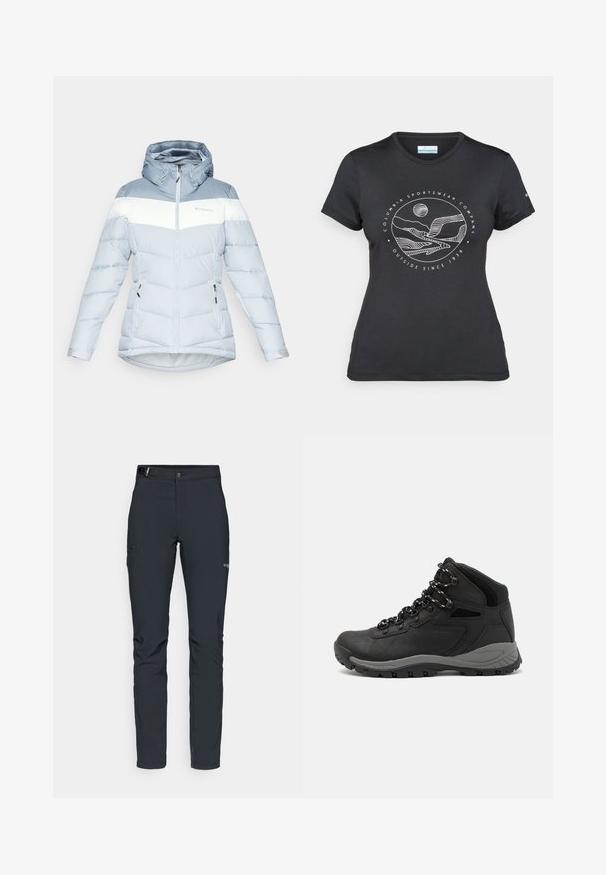 Svetlomodrá nadýchaná bunda s bielym horizontálnym pruhom, nastaviteľnou kapucňou, zipsovými vreckami a štruktúrovaným prešívaným vzorom.; Čierne tričko Columbia s bielou kruhovou grafikou hory a rieky a textom "Columbia Sportswear Company vonku od roku 1938."; Pánske outdoorové nohavice, tmavo šedé, vyrobené z flexibilného materiálu, s opaskom, so zipsovými vreckami a vystuženým šitím.; Čierna turistická obuv s polovičným strihom, s textúrovaným zvrškom, šedými akcentmi a odolnou gumovou podrážkou s protišmykovými hrebienkami.