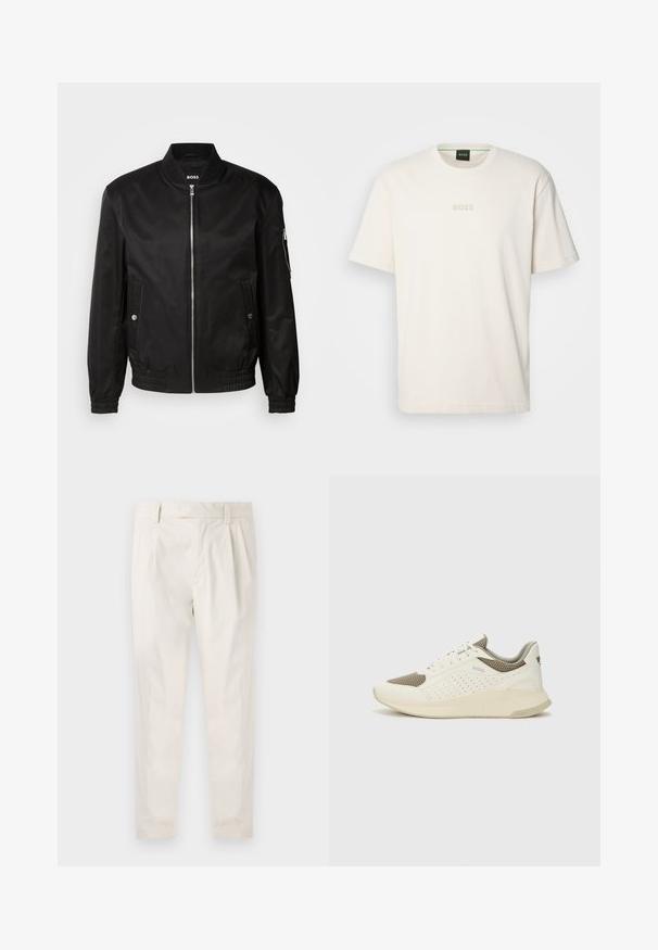 Juodas bomberio tipo švarkas, pagamintas iš lygaus audinio, turi briaunotą apykaklę, priekinį užtrauktuką, šonines kišenes bei elastingas rankoves ir apatinę dalį.; BOSS TEE - Paprasti marškinėliai - open white; Balti, susiūtos kelnes, turinčios pritaikytą siluetą, pasižyminčias lygia tekstūra, dirželio kilpomis ir siaurėjančiomis kojomis. Nėra matomų kišenių ar raštų.; Baltas ir šviesiai bežinis sportinis kedas, su tinklo viršumi, perforuotais detalėmis ir tekstūruotu tarpine su logotipu ant kulno.