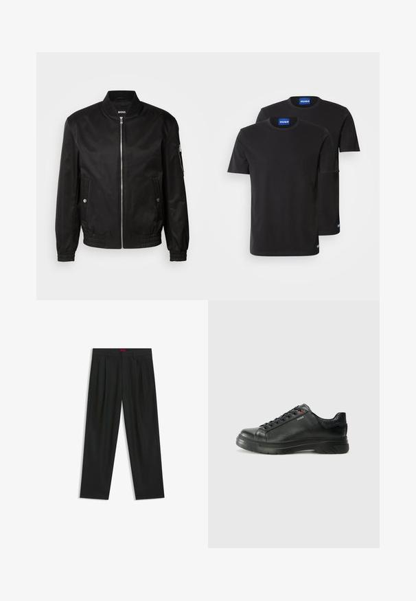 Black bomber jacket made of smooth fabric, featuring a ribbed collar, front zipper, side pockets, and elastic cuffs and hem.; Two black cotton T-shirts with round necklines, short sleeves, and blue "HUGO" labels on the collars and side hems.; Black trousers with a pleated design, wide leg shape, and a smooth texture. Features a red waistband tag.; Black leather sneaker with textured upper, padded collar, and red logo detail. Features a thick rubber sole with distinct tread pattern.