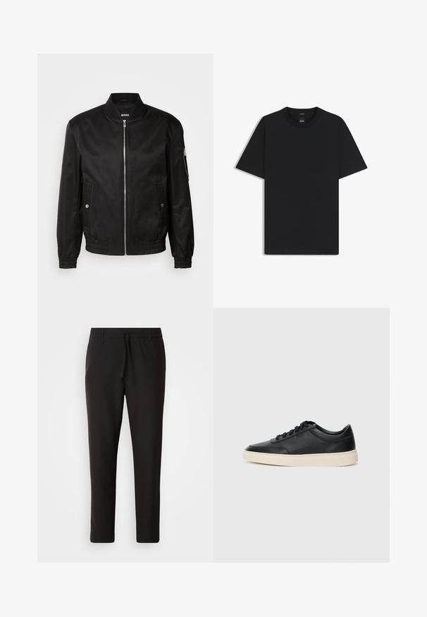 Black bomber jacket made of smooth fabric, featuring a ribbed collar, front zipper, side pockets, and elastic cuffs and hem.; Black short-sleeve T-shirt made from a smooth cotton blend, featuring a crew neckline and a minimalistic design with no patterns or accents.; Black jogger pants made of smooth fabric. Feature an elastic waistband with a drawstring, tapered legs, and no visible pockets. Simple design.; Black low-top leather sneaker with black laces and off-white sole shown in side profile on white background.