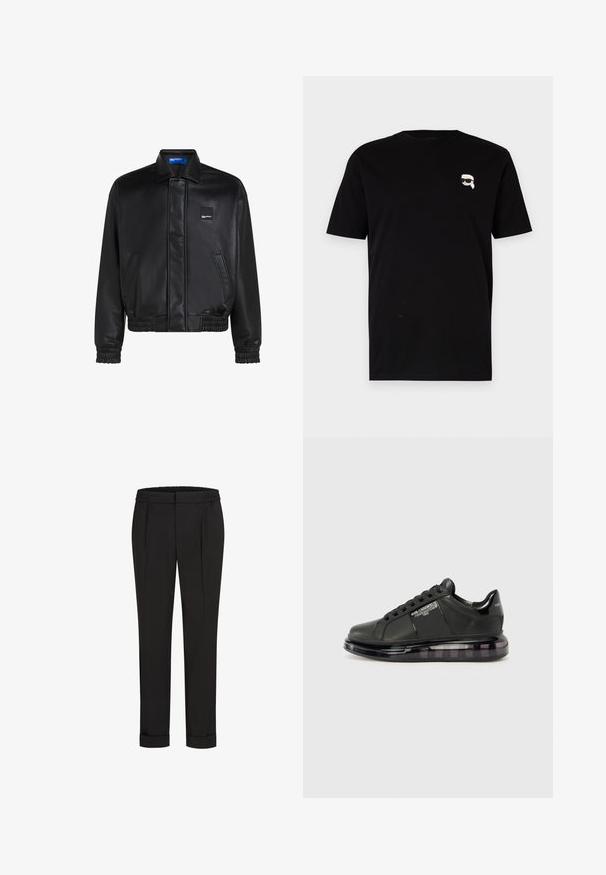Chaqueta bomber de cuero negro con un cuello plano, puños y dobladillo elásticos. Cuenta con bolsillos laterales y una pequeña etiqueta de la marca en el pecho.; Camiseta de algodón negra de manga corta con un pequeño gráfico blanco de un personaje con gafas en el pecho izquierdo. Diseño clásico de cuello redondo.; Pantalones negros con cintura elástica, con un diseño de pierna recta y dobladillos enrollados. Hechos de una tela suave y Woven sin patrones.; Zapatilla negra con parte superior de cuero liso, puntera redondeada y diseño con cordones. Presenta una suela clara y acolchada con un degradado oscuro.