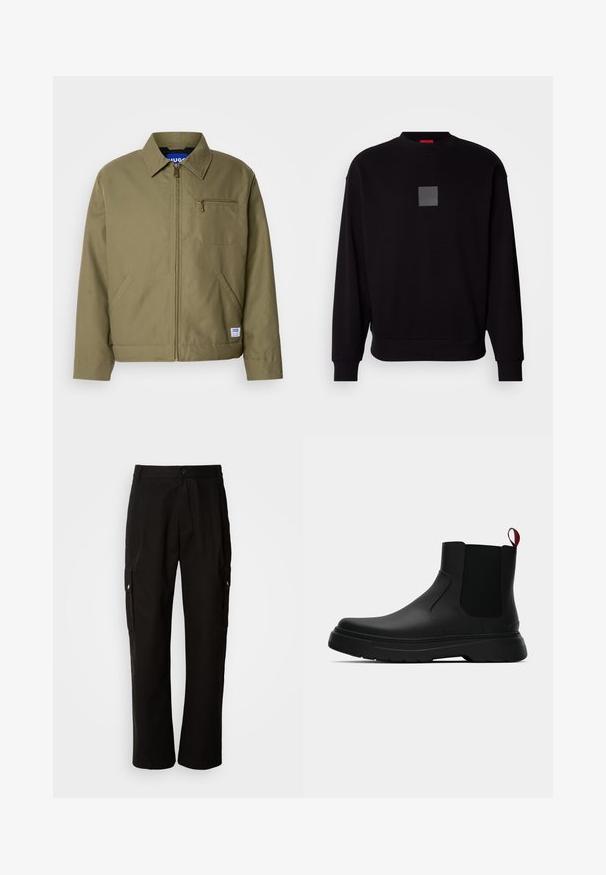 Oliven grøn jakke med lynlåslukning, spids krave, enkelt brystlomme, sidelommer og et blåt mærke på kanten.; Sort sweatshirt med lange ærmer, rund halsudskæring, et grå kvadratlogo fortil, blød tekstur og ribbede manchetter og kant.; Sorte cargo bukser lavet af bomuld med en afslappet pasform, der har sidelommer, knaplukning og lige ben. Enkel design uden mønstre.; Sort ankelstøvle med en glat overflade, elastiske sidepaneler og en kontrasterende rød træksløjfe, der har en tyk gummisål og rund tå.