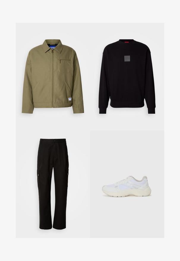 Olivgrüne Jacke mit einem Reißverschluss, spitzem Kragen, einer Brusttasche, Seitentaschen und einem blauen Markenetikett am Saum.; Schwarze Sweatshirt mit langen Ärmeln, rundem Ausschnitt, grauem quadratischen Logo auf der Vorderseite, weicher Textur und gerippten Bündchen und Saum.; Schwarze Cargo-Hosen aus Baumwolle mit lockerem Schnitt, seitlichen Taschen, Knopfverschluss und geradem Bein. Einfaches Design ohne Muster.; Weiße Sportschuhe aus Mesh und Wildleder, mit einer strukturierten Zwischensohle, strukturierten Akzenten und dem "HUGO"-Logo an der Seite.