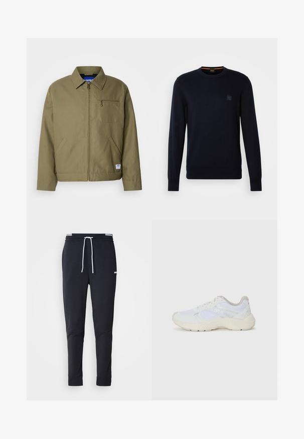 Olivgrüne Jacke mit einem Reißverschluss, spitzem Kragen, einer Brusttasche, Seitentaschen und einem blauen Markenetikett am Saum.; Marineblauer Strickpullover mit langen Ärmeln, Rundhalsausschnitt, gerippten Bündchen und Saum, mit einem kleinen quadratischen Logo-Patch auf der Brust.; Schwarze Slim-Fit-Jogginghose mit weißem Kordelzug, elastischem Bund mit weißen Streifen und kleinem weißen Logo am oberen Oberschenkel.; Weiße Sportschuhe aus Mesh und Wildleder, mit einer strukturierten Zwischensohle, strukturierten Akzenten und dem "HUGO"-Logo an der Seite.