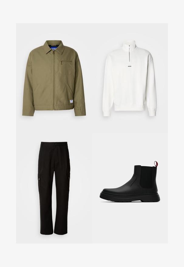 Olivgrüne Jacke mit einem Reißverschluss, spitzem Kragen, einer Brusttasche, Seitentaschen und einem blauen Markenetikett am Saum.; Weißer Pullover-Sweatshirt mit hohem Kragen und halbem Reißverschluss, versehen mit einem kleinen schwarzen "HUGO"-Logo, das zentral auf der Brust platziert ist. Weiches Stoffgefühl.; Schwarze Cargo-Hosen aus Baumwolle mit lockerem Schnitt, seitlichen Taschen, Knopfverschluss und geradem Bein. Einfaches Design ohne Muster.; Schwarze Knöchelstiefel mit glatter Oberfläche, elastischen Seitenpaneelen und einem kontrastierenden roten Zuglasche, ausgestattet mit einer dicken Gummisohle und einer runden Zehenpartie.