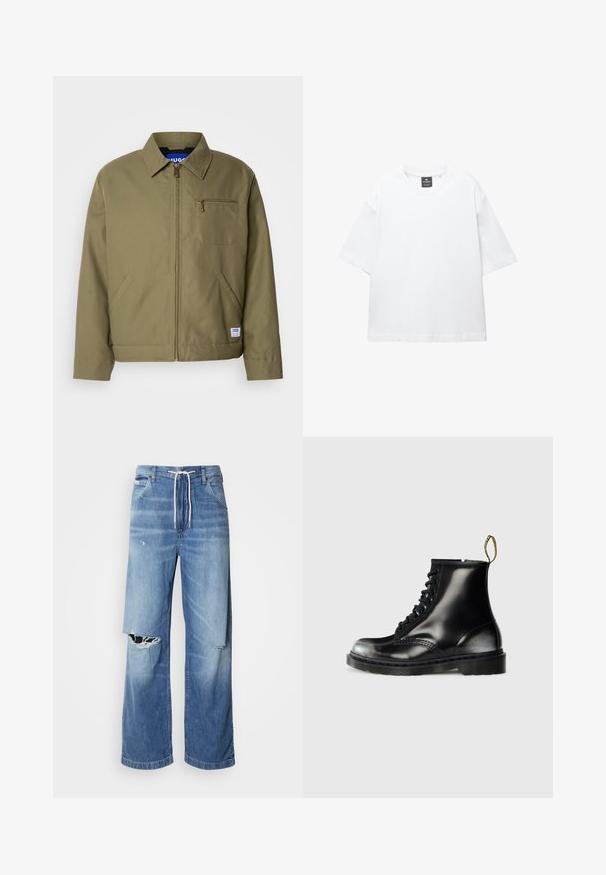 Oliven grøn jakke med lynlåslukning, spids krave, enkelt brystlomme, sidelommer og et blåt mærke på kanten.; Hvid kortærmet T-shirt lavet af bomuld, med rund halsudskæring og løs pasform med lige kant. Ingen mønstre eller udsmykninger.; Lysblå denimjeans med en løs pasform, der har en hvid snor i taljen og tydelige riv på forsiden, som viser frynset kanter.; Sorte læder ankelstøvler med en blank finish, otte huller, sorte snørebånd og et trækstrop. Har en tekstureret sål med mønster.