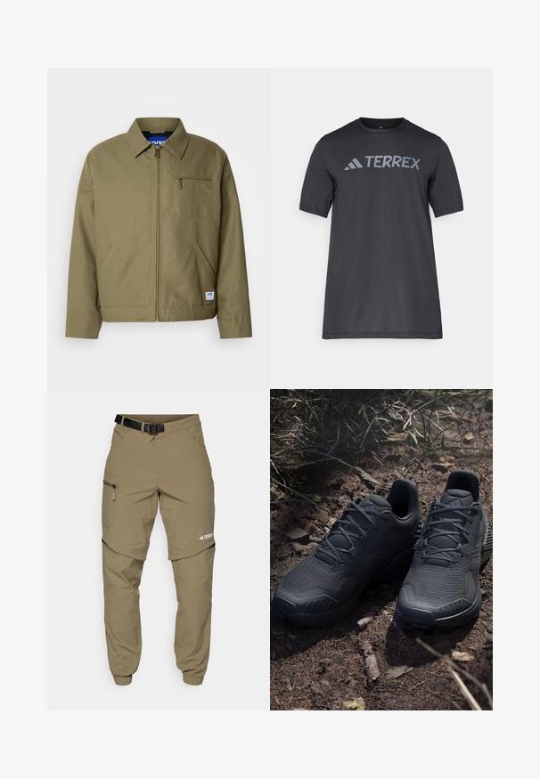 Olivno zelena jakna z zadrgo, s koničastim ovratnikom, enim žepom na prsih, stranskima žepoma in modrim logotipom blagovne znamke na robu.; Črna majica s kratkimi rokavi iz lahkega materiala, ki ima odtisnjen svetlo sivi logotip "TERREX" čez prsi in okrogel izrez.; Khaki zunanji hlače z nastavljivim črnim pasom, žepi z zadrgo, ožji konci in snemljivi spodnji deli za vsestranski slog.; Črne športne čevlje z teksturiranim pletenim zgornjim delom, ojačanim prstom in podplatom s podlogo, prikazane na zemeljskem terenu z raztresenimi vejicami.