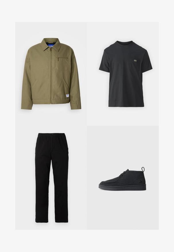 Veste verte olive avec fermeture éclair, col pointu, poche poitrine simple, poches latérales et étiquette de la marque bleue sur l'ourlet.; T-shirt en coton noir à manches courtes, col rond, avec un petit logo vert sur la poche gauche de la poitrine. Design simple, coupe regular.; Pantalons noirs en tissu mélangé de coton, avec une coupe droite, une taille élastique avec bouton et sans motifs ni accents visibles.; Bottines en suède noir à lacets avec tirant et semelle texturée, présentant un petit logo de crocodile embossé sur le côté.